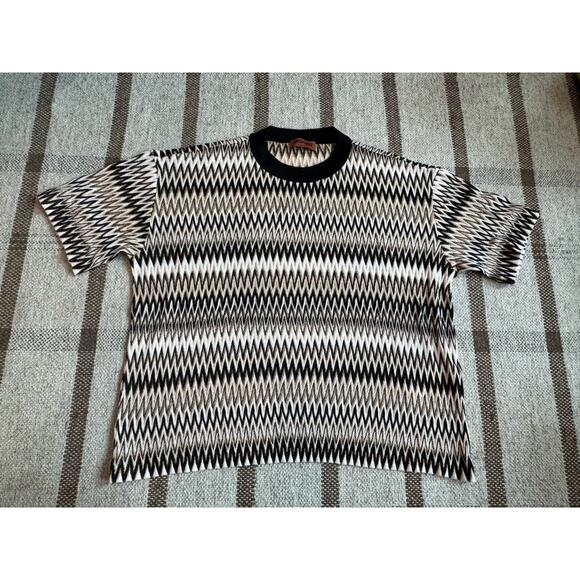 Missoni Black Beige Cotton Blend Sweater Short Sleeve Women 46 US 10 Ribbed Crew - Picture 1 of 9